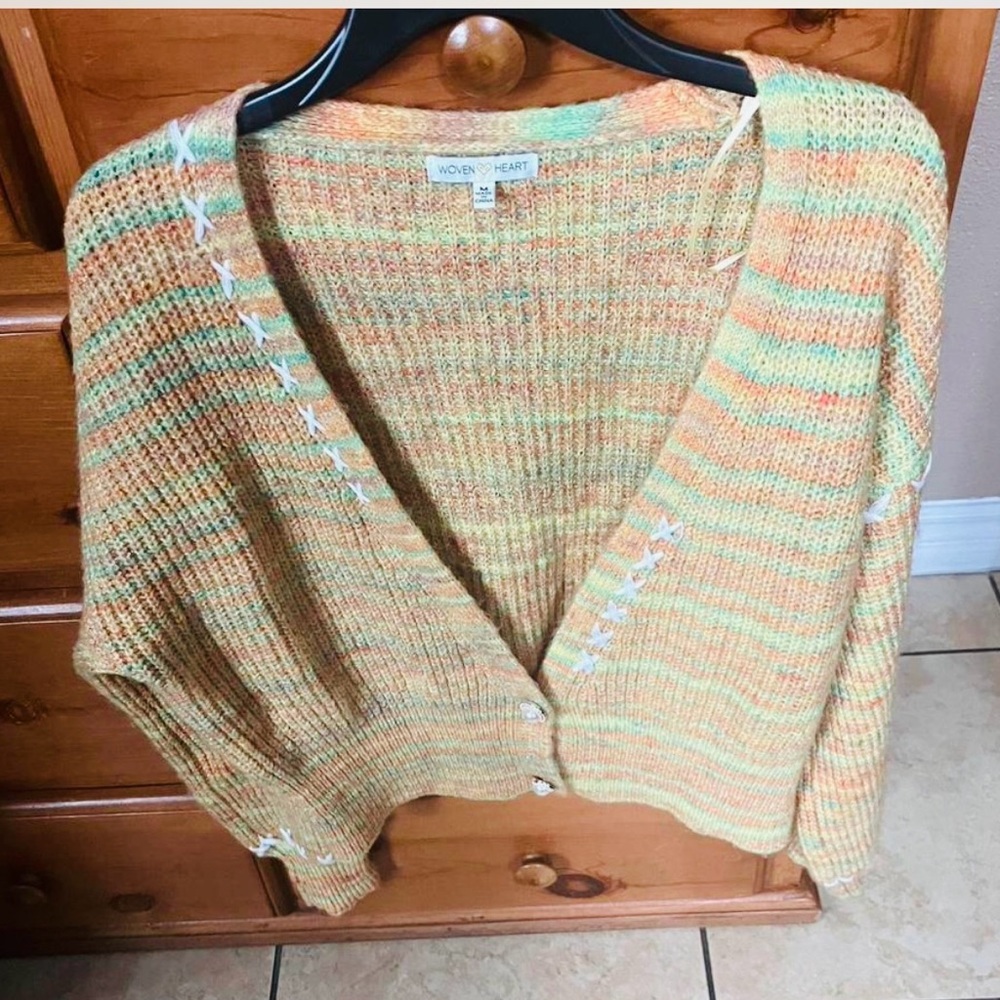 Woven Heart Women’s Button Front Cropped Colorful Cardigan Sweater Size M